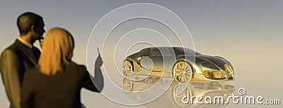 Couple looking at gold sports car 3d render Stock Photo