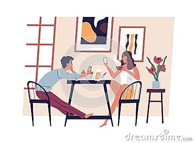 Young modern couple with smartphones in the kitchen while eating and drinking coffee. Mobile phone addiction concept Vector Illustration
