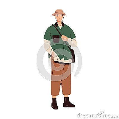 Young modern man wearing fashion casual clothes. Stylish guy in trendy hat, shirt, pants and boots. Male model with Vector Illustration