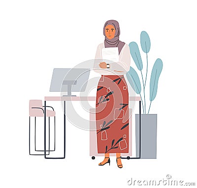 Young modern Muslim woman wearing casual clothes and hijab at work. Arab female character standing with documents in Vector Illustration