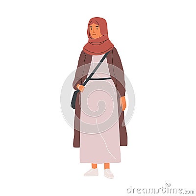 Young modern Muslim woman wearing trendy casual clothes and hijab. Arab female character in long dress, sneakers and Vector Illustration