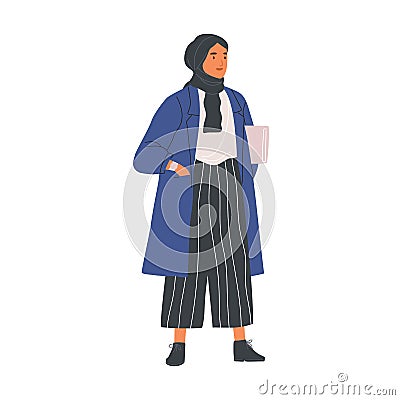 Young modern Muslim woman wearing trendy casual clothes and hijab. Fashionable Arab female character in trousers and Vector Illustration