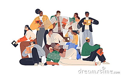 Young modern people reading books together. Crowd of readers. Group portrait of multiracial students with textbooks Vector Illustration