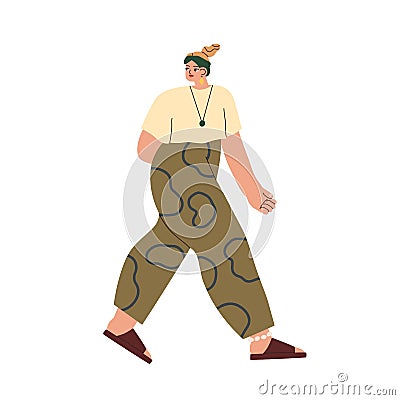 Young modern woman walking in summer fashion clothes outdoors. Female going on street with arm, hand behind and looking Vector Illustration