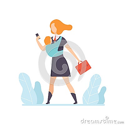 Young Mom in Business Clothes Going to Work with a Small Baby in Sling, Freelancer, Parent Working with Child, Mommy Vector Illustration