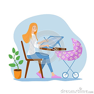 Young mom freelancer works on a graphics tablet and babysit a baby in a pram. Woman designer draws. Concept of work from Vector Illustration