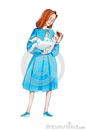 Young mom lulling her baby to sleep. Hand-drawn cartoon mother with infant Stock Photo