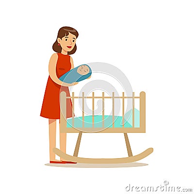 Young Mom Putting Newborn Baby To Bed, Happy Family Having Good Time Together Illustration Vector Illustration