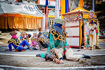 Young monks perform a play about heaven and hell at Lachung monastery in North Sikkim Editorial Stock Photo