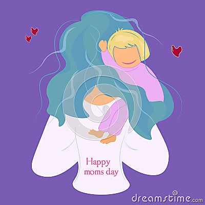 Young mother with a baby in her arms. Back view. The kid sits on the shoulders of the woman and hugs her. On the back inscription Vector Illustration