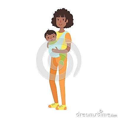 Young Mother With Baby Son In A Sling, Illustration From Happy Loving Families Series Vector Illustration