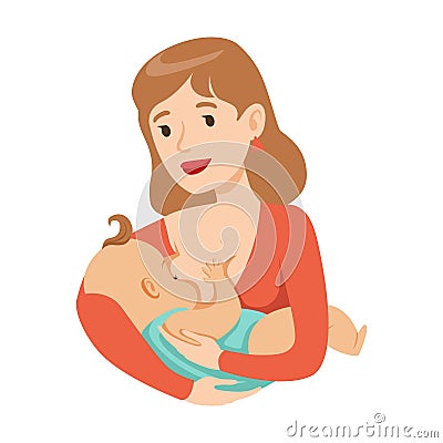 Young mother breastfeeding her baby with breast milk, colorful cartoon character vector Illustration Vector Illustration