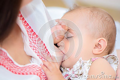 Young mother breastfeeds her baby. Stock Photo