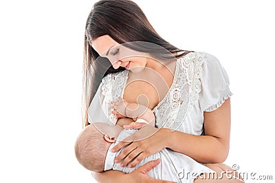 Young mother breastfeeds her baby. Breast-feeding. White background Stock Photo