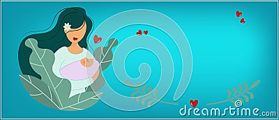 Delicate banner for Mother`s Day. A young mother carefully holds the baby in caring hands. The concept of love, care and Vector Illustration
