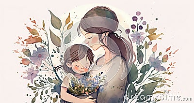 Young Mother and child, smiling and embracing each other, surrounded by flower in background Stock Photo