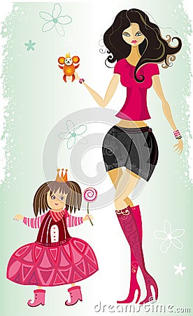 Young mother and cute daughter Vector Illustration