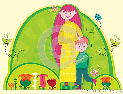 A young mother with a cute son Vector Illustration