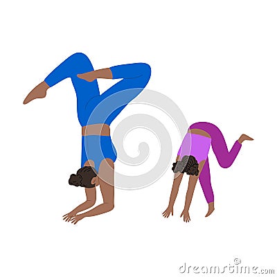 Young mother and daughter doing headstand yoga exercise together. Vector illustration in cartoon style. Vector Illustration