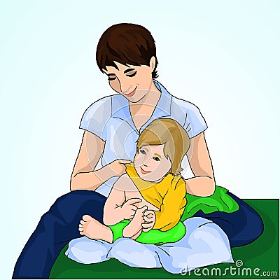 Young mother dresses the baby. Careful woman wears jacket to a small child. Motherhood. Vector illustration. Vector Illustration