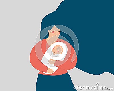 Young mother embraces her new born baby with love. Young mom holds her child with care. single mom hugs her boy. Vector Illustration