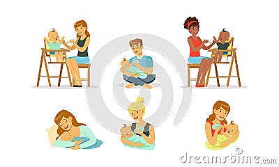 Young Mother and Father Feeding Newborn Baby with Breast and Bottle Vector Set Vector Illustration