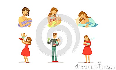 Young Mother and Father Nursing Their Little Baby Bottle and Breast Feeding Vector Set Vector Illustration