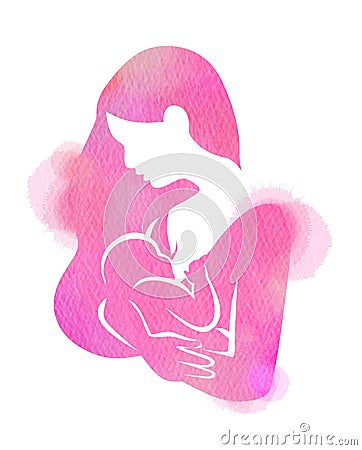 Young mother feeding breast milk her baby silhouette on watercolor background. Happy mother`s day. Mom and child Health. Digital Stock Photo