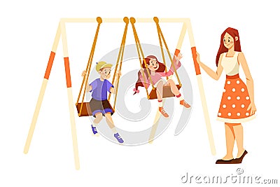 Young Mother with Her Children Swinging on Playground Vector Illustration Vector Illustration