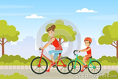 Young Mother and Her Son Riding Bicycle Along Roadway Vector Illustration Stock Photo