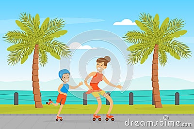 Young Mother and Her Son Roller Skating Along Beach Roadway Vector Illustration Vector Illustration