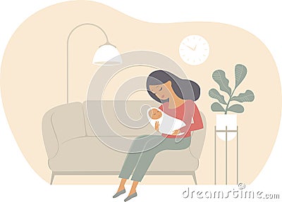 Young mother holding her child alone. Mom is nursing a newborn. Breastfeeding baby. Family at home Vector Illustration