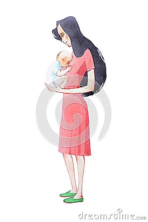 Young mother holding her sleeping newborn baby hand drawn with watercolor Stock Photo