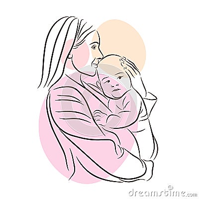 A young mother holds a baby in her arms, love, mother hugs and kisses a newborn, warm feelings, line Vector Illustration