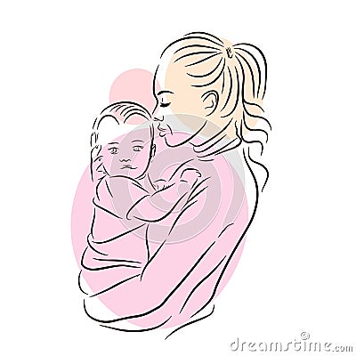 A young mother holds a baby in her arms, love Vector Illustration