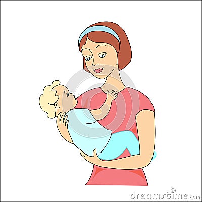 Young mother hugging her baby with care and love. Mother and sun. Vector illustration Stock Photo