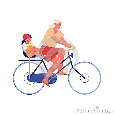 Young Mother and Little Baby Riding Bicycle, Child Wearing Helmet Sitting on Trunk. Happy Family Spare Time Vector Illustration