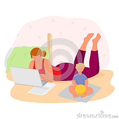 Young mother lying floor and surf laptop internet, son children sitting play ball flat vector illustration, isolated on Cartoon Illustration