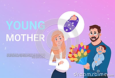 Young Mother Pregnant Woman With Husband Holding Flowers And Small Son Over Background With Copy Space Vector Illustration