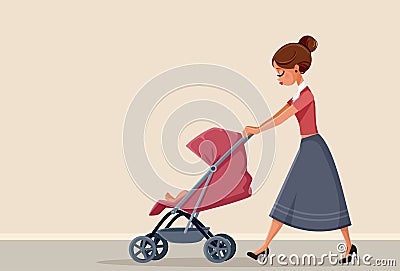 Young Mother Pushing Baby Stroller Vector Illustration Vector Illustration