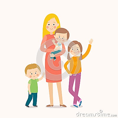 Young mother standing with her three children. Happy family. Cartoon vector eps 10 illustration isolated on white Vector Illustration