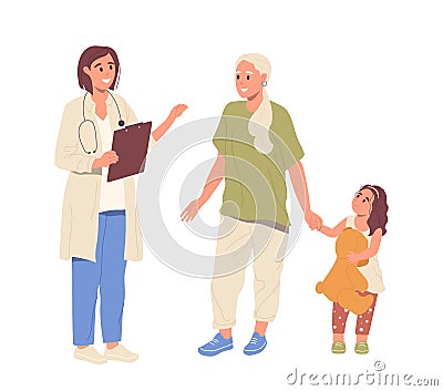 Young mother with toddler daughter talking to family doctor asking consultation isolated on white Vector Illustration