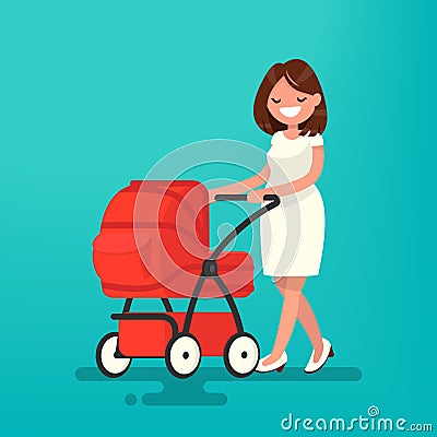 Young mother walking with a newborn that is in the pram. Vector Cartoon Illustration