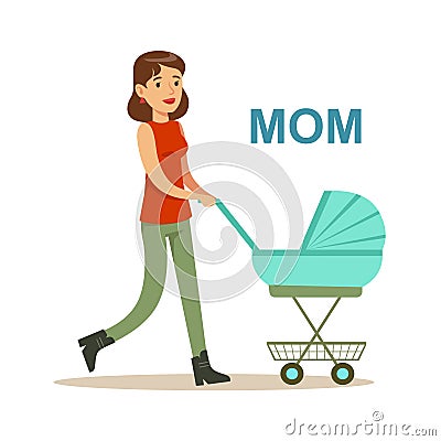 Young Mother Walking With Stroller Happy Family Having Good Time Together Illustration Vector Illustration