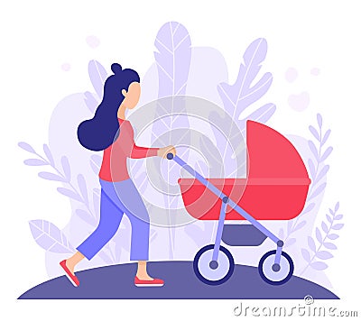 A young mother walks with a newborn who is in a red stroller. Vector flat design illustration for landing pages and magazine Vector Illustration