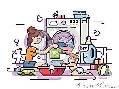 Young mother washing Vector Illustration