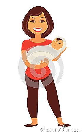 Young mother woman holding newborn baby child vector flat family Vector Illustration