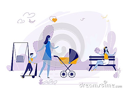 Young Mothers with Children in Playground Outdoors Vector Illustration