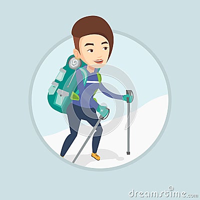 Young mountaneer climbing a snowy ridge. Vector Illustration