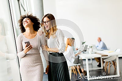 Young multiracial businesswomen smiling, while other businesspeople working in background Stock Photo